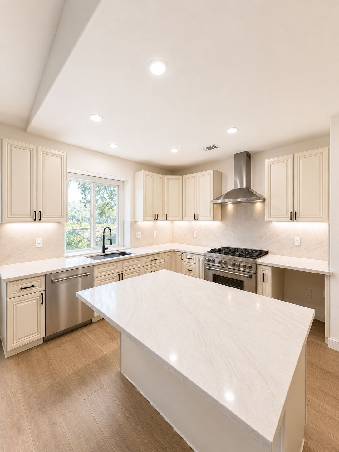 Bright modern kitchen with white cabinets, island, stainless appliances, and wood floors
