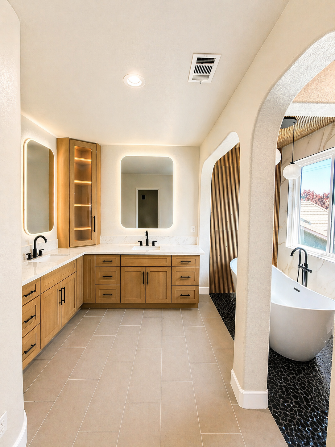Bright modern bathroom with wood cabinets, double vanity, and arched shower and tub alcove