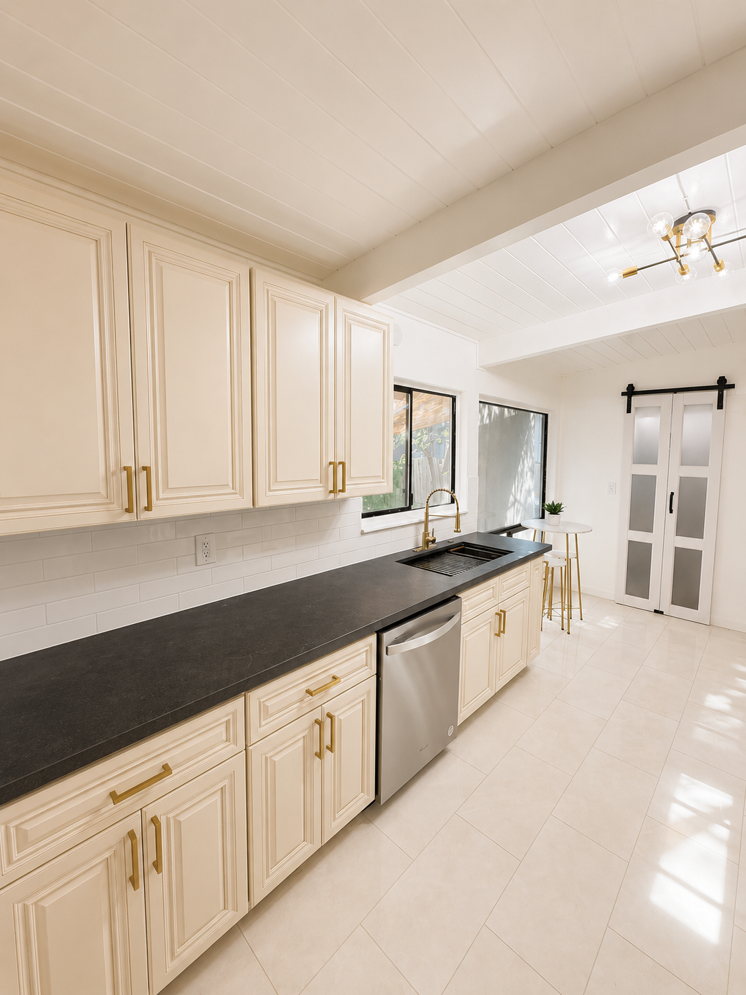 Bright white kitchen with cream cabinets, black countertops, stainless dishwasher, and tiled floor