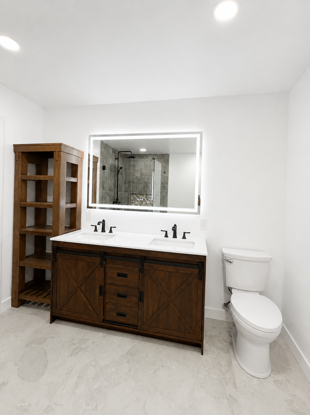 Modern bathroom with double vanity, large mirror, wooden cabinet, glass shelf, and toilet.