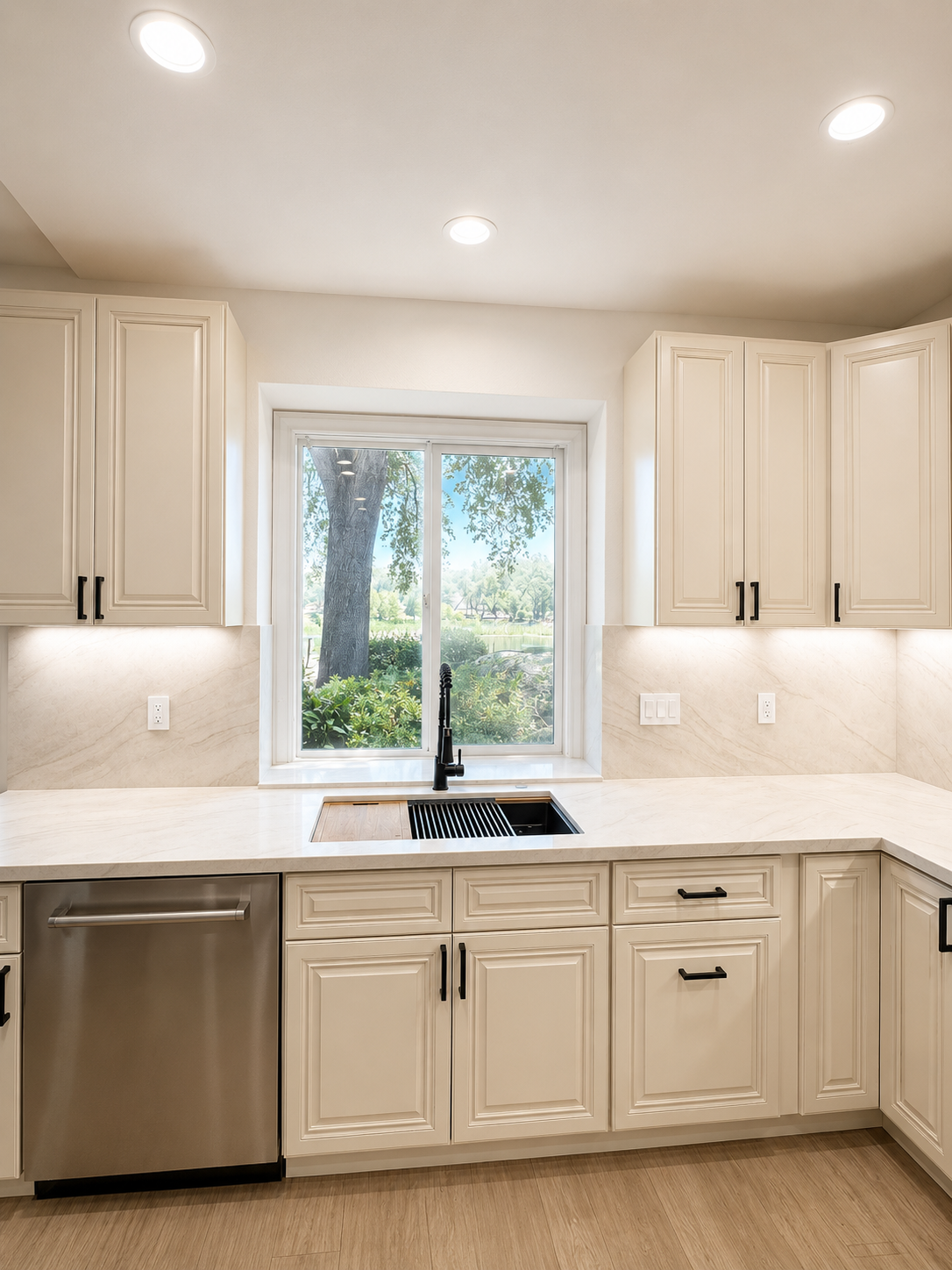 Bright kitchen with white cabinets, stainless dishwasher, and a window over the sink with trees outside.