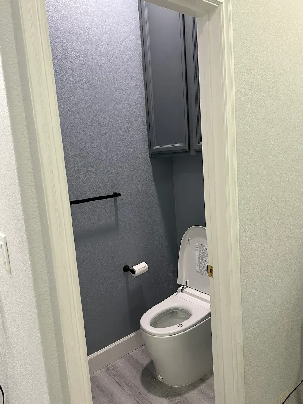 Small bathroom with a toilet, gray walls, towel bar, and cabinet visible through a doorway.