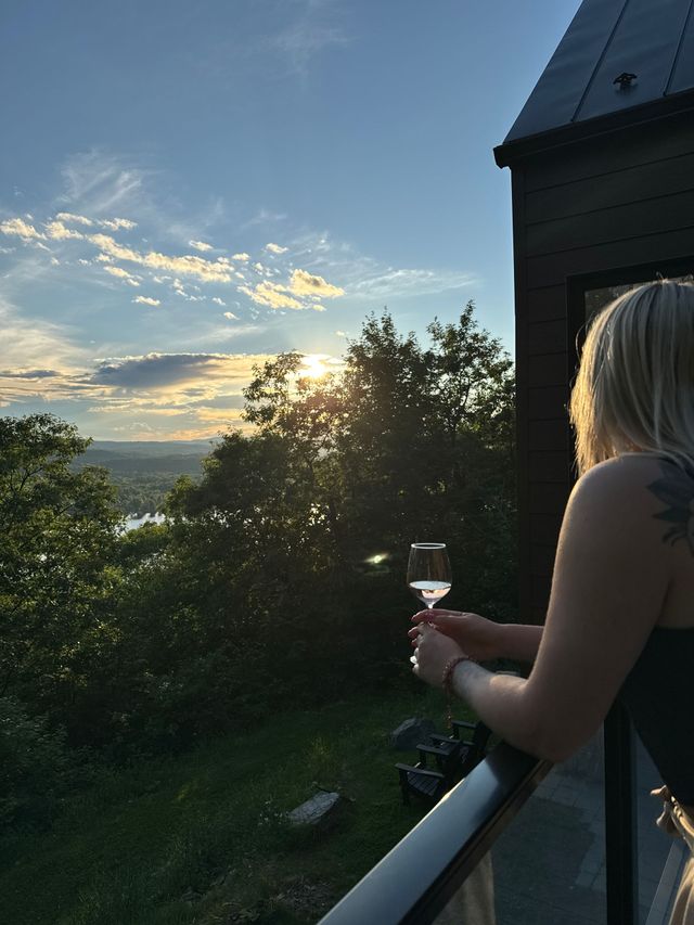 Person on a balcony holding a wine glass at sunset, overlooking trees and a distant view.