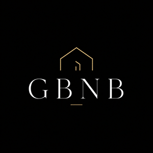 Gold house-outline logo above white &ldquo;GBNB&rdquo; text on a black background