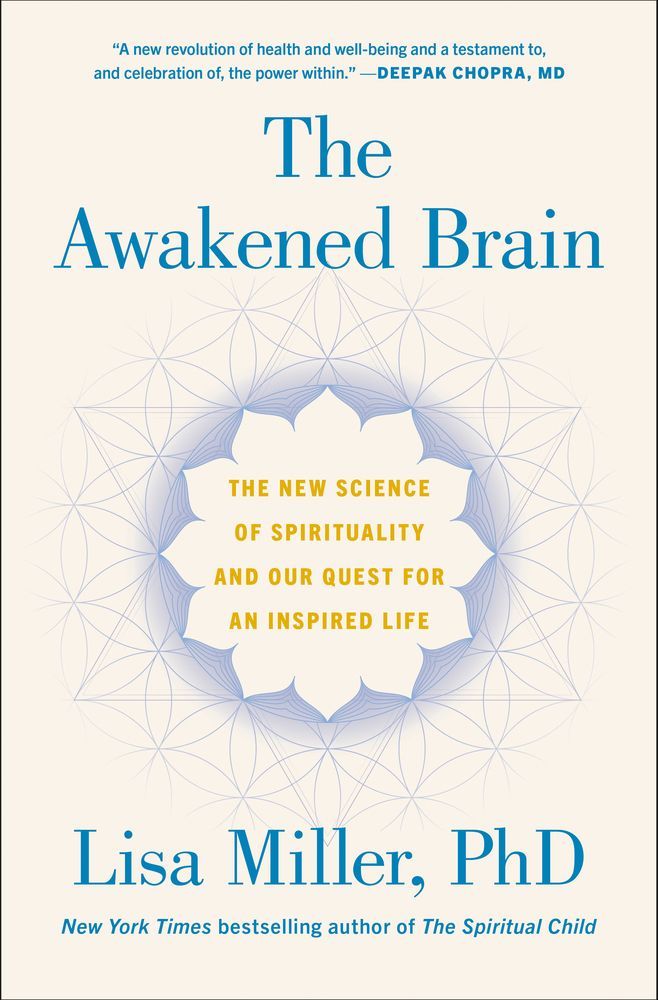 Couverture du livre : « The Awakened Brain » de Lisa Miller. Fond blanc, motif central bleu et or, et nom de l’auteure.