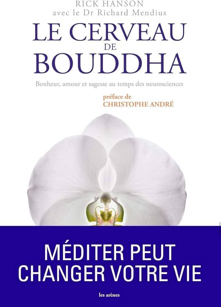 Couverture du livre : « Le cerveau du Bouddha ». Orchidée blanche, texte bleu sur fond blanc, « Méditer peut changer votre vie » en blanc sur fond bleu.