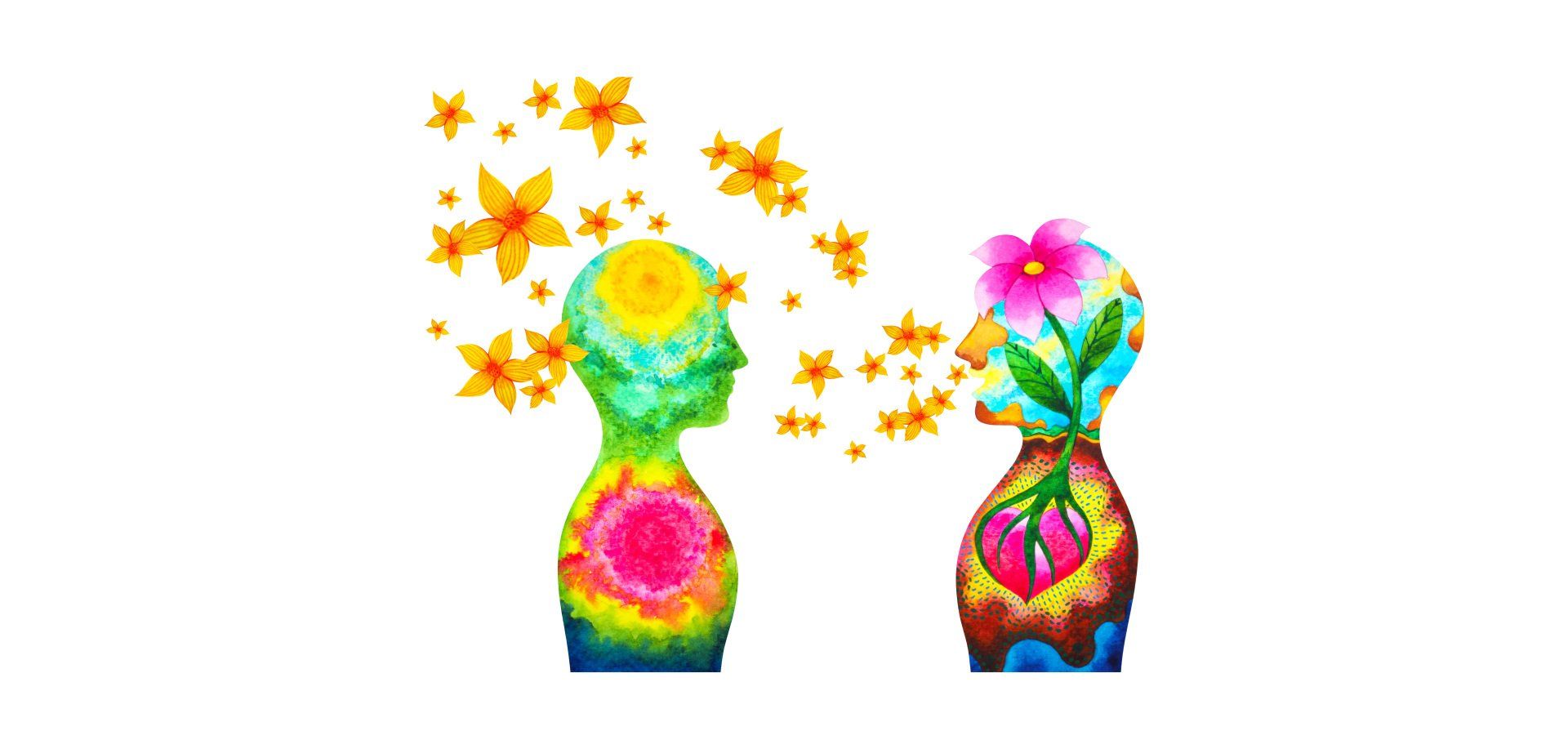 Deux silhouettes colorées de personnes échangeant des pensées florales.