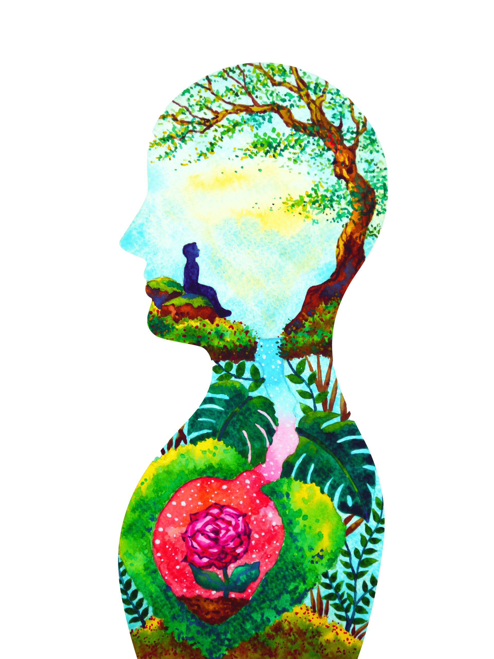 Personnage bleu avec un cœur sur la poitrine, des fleurs et un arrière-plan cosmique. Debout sur terre, les bras tendus.