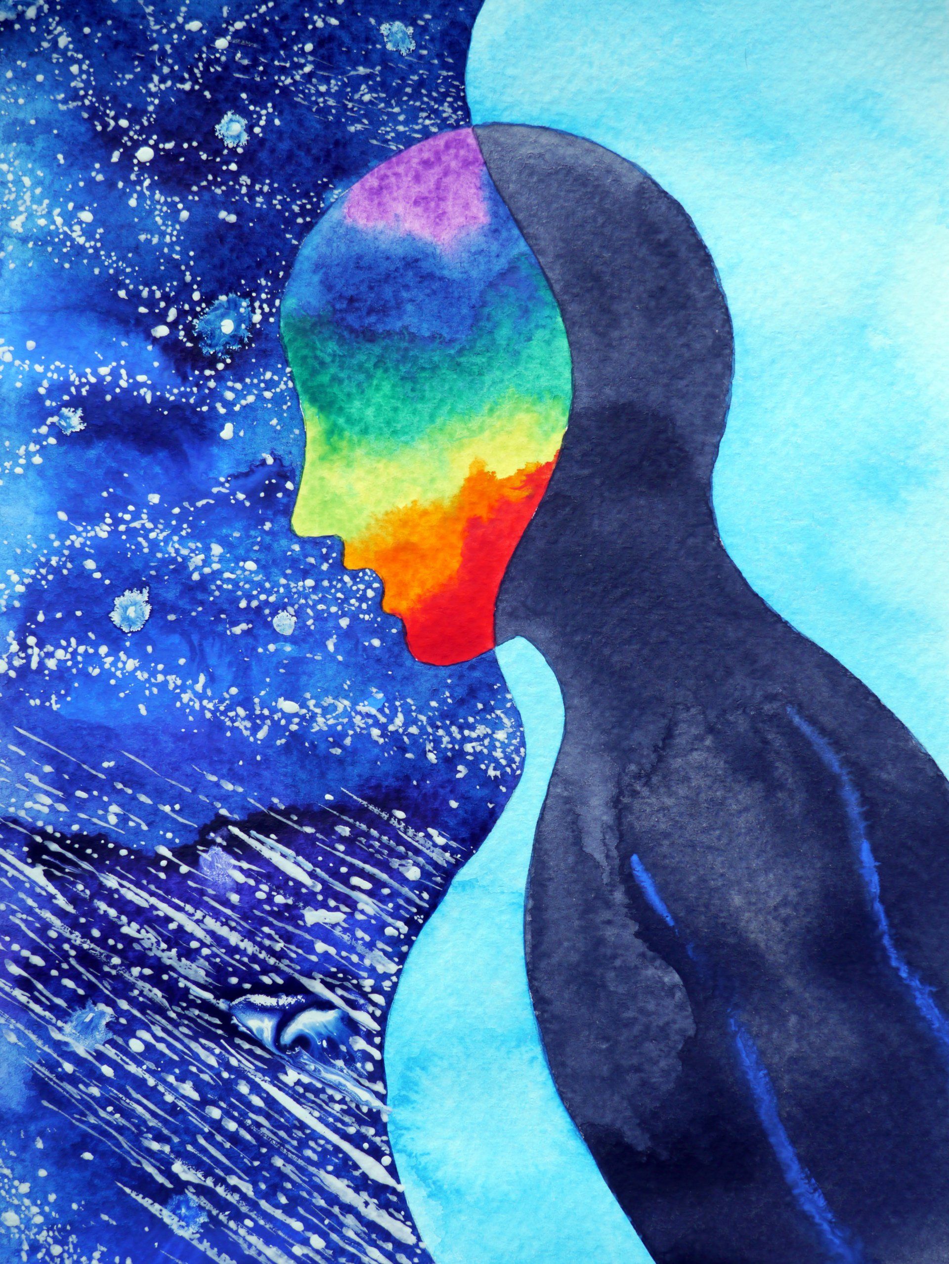 Peinture à l'aquarelle d'une personne avec un visage arc-en-ciel, un corps sombre et la moitié sur un fond bleu cosmique.