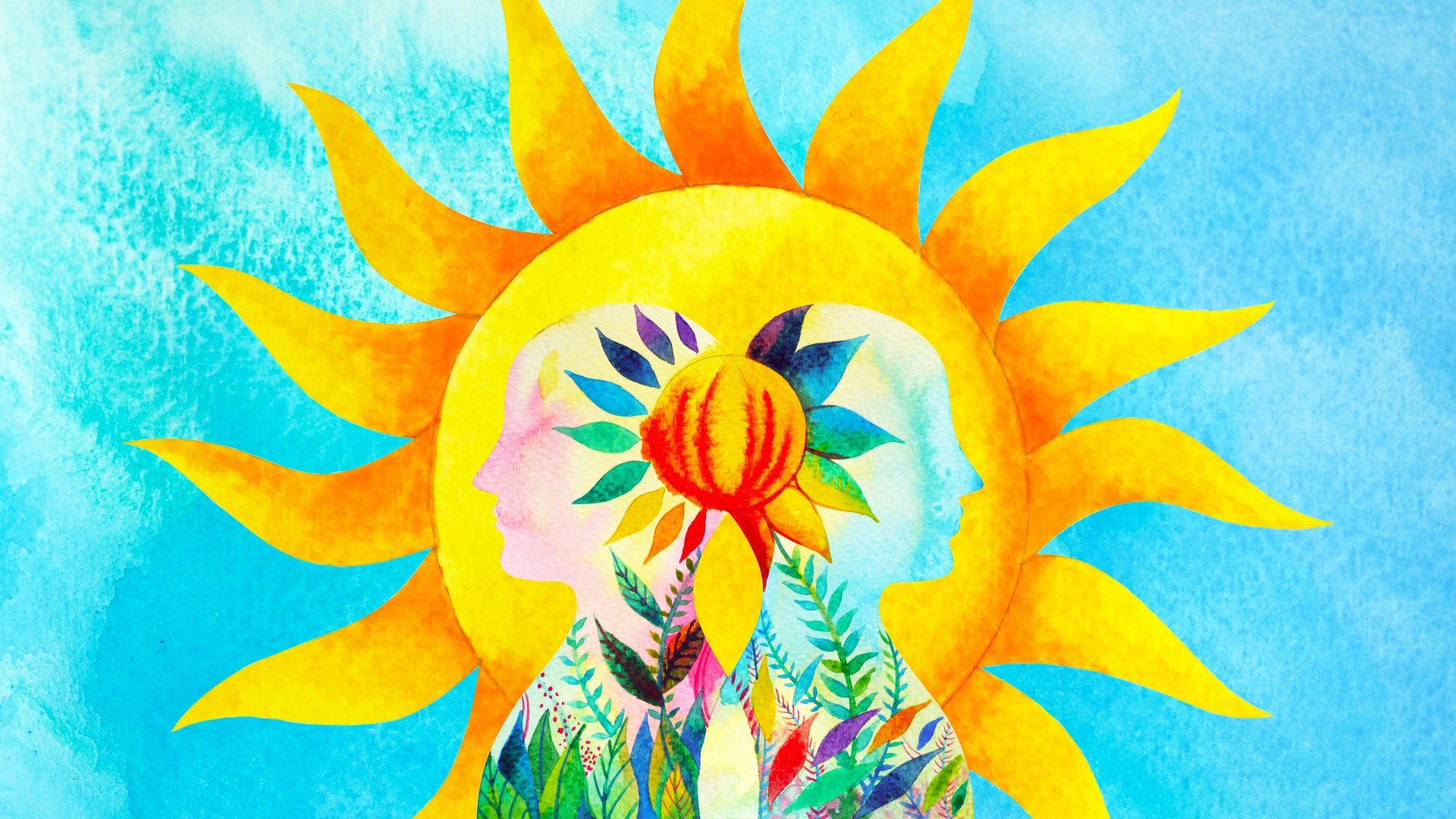 Soleil aquarelle avec des visages à l'intérieur ; fleur colorée, ciel bleu et verdure.