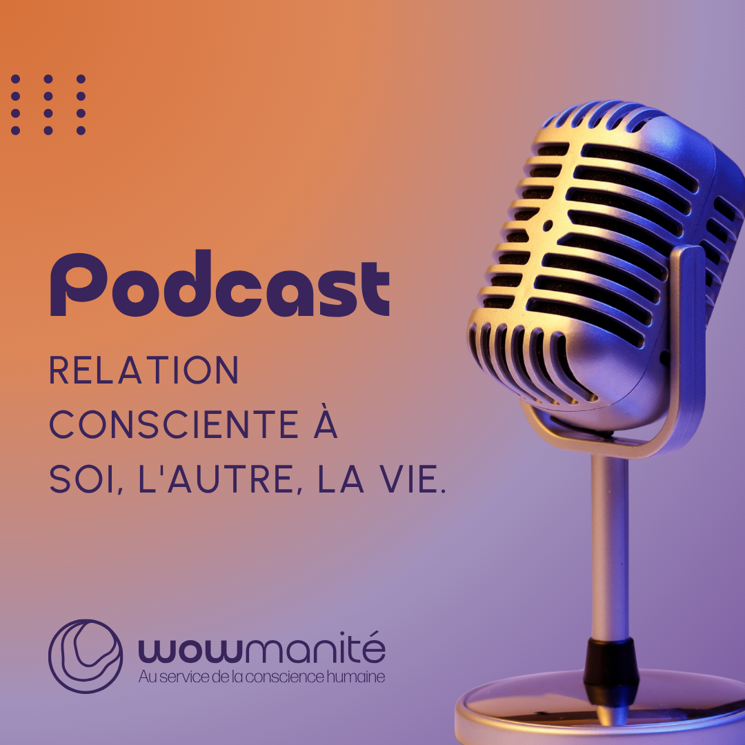 Podcast graphic: Microphone on a gradient orange/purple background. Text: