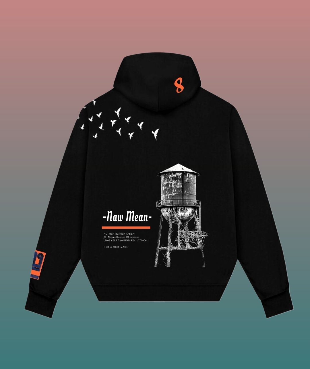 Black hoodie with a water tower graphic, text, and bird flock; orange logo on hood and sleeve.