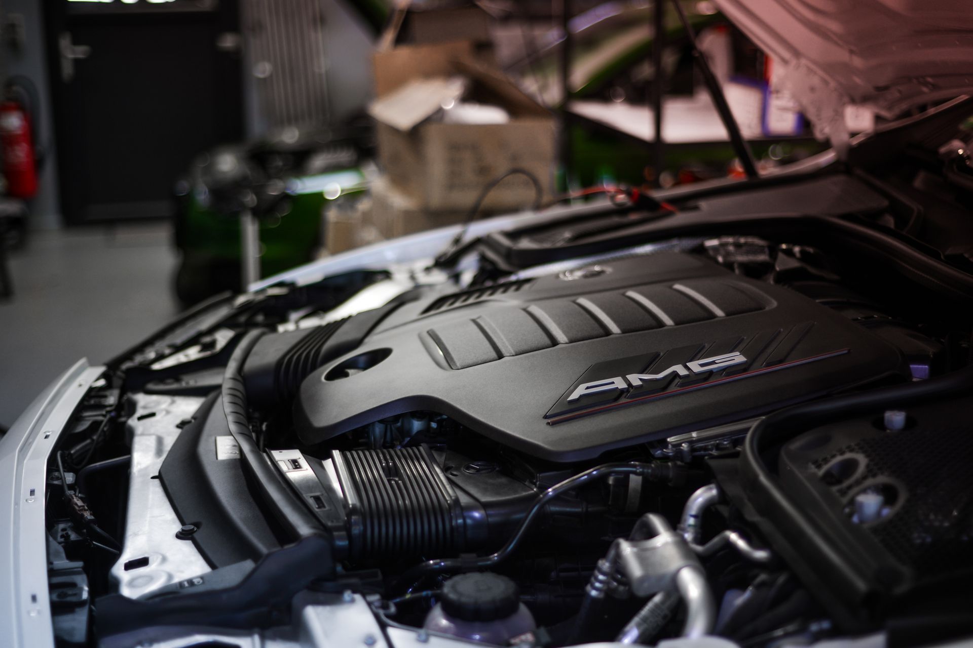 AMG engine bay during a chiptuning job at ES Automotive Solutions