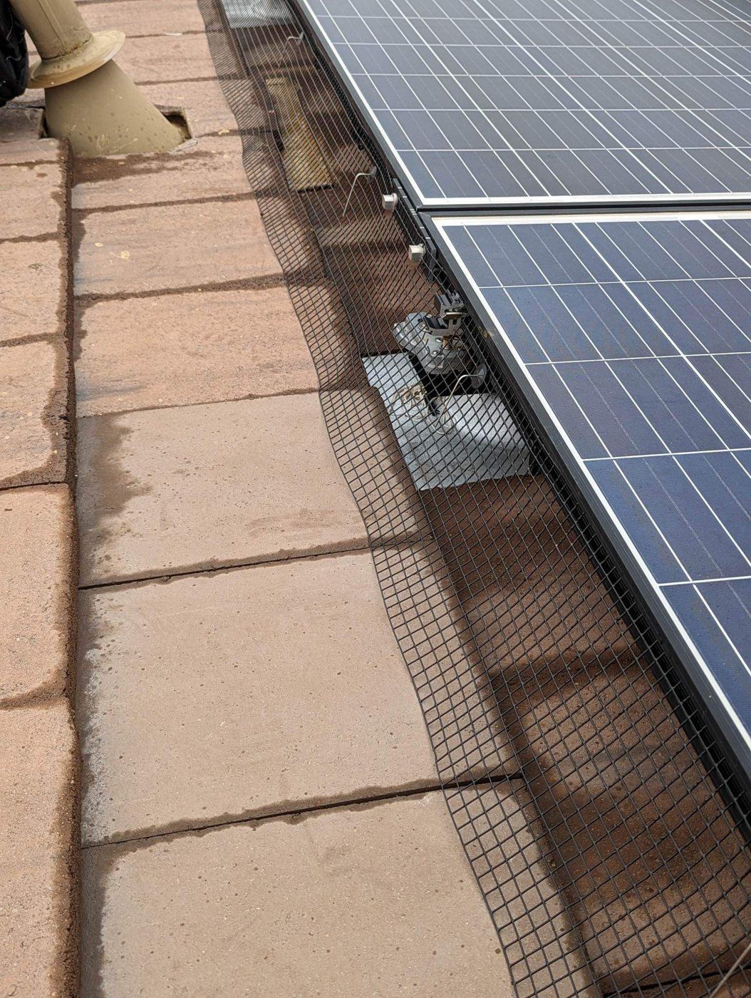 Bird-proofing mesh clipped along a panel edge