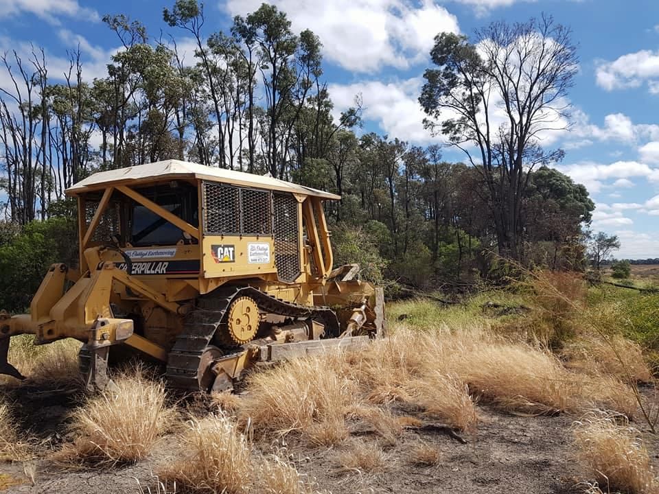 A Bulldozer is Parked in a Field With Trees in the Background — Oakleigh Earthmoving in Moonie, QLD