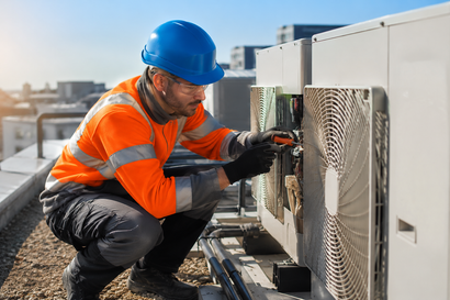 Worker in orange safety jacket and blue hard hat inspecting rooftop HVAC unit