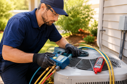 Technician using a blue vacuum pump on an outdoor air conditioner unit with hoses attached