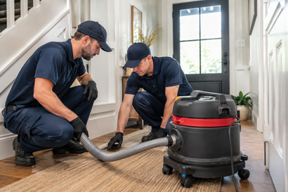 Two workers in dark uniforms vacuum a hardwood hallway with a shop vac and hose.