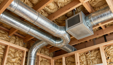Exposed silver HVAC ductwork and a ceiling vent in an unfinished attic with insulation and wooden rafters.