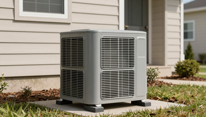 Outdoor air conditioning unit beside a house with beige siding and a small lawn.