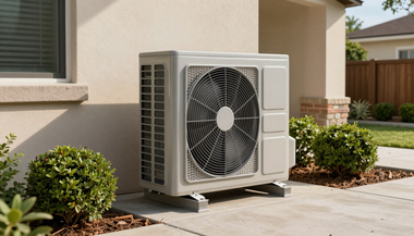 Outdoor air conditioner unit beside a house wall, with shrubs and a patio nearby