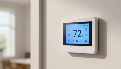Wall thermostat with blue digital display showing 72 degrees on a beige wall