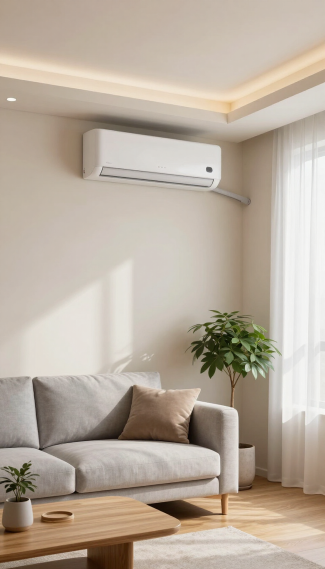 Modern living room with a sofa, coffee table, potted plant, and wall-mounted air conditioner by a bright window