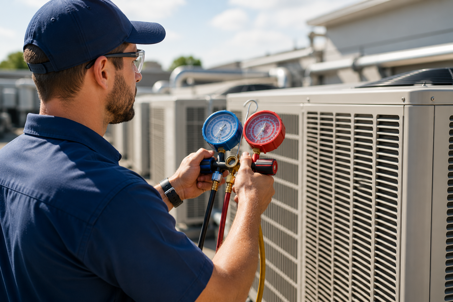 Technician using gauges to service an outdoor HVAC unit under bright daylight