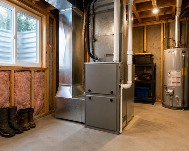 Basement mechanical room with furnace, water heater, ductwork, and boots by a window.