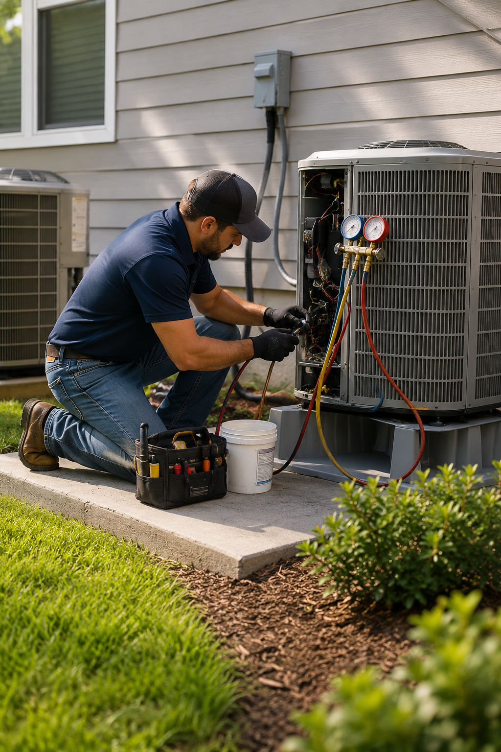 Technician servicing an outdoor HVAC unit beside a house, with tools and gauges connected.