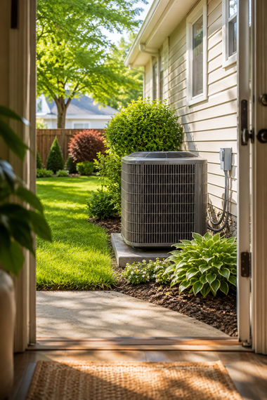 Open front door view of a suburban yard with an air conditioner beside the house and a tree-lined lawn.