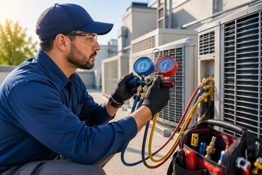 Technician servicing outdoor HVAC unit with gauges and hoses on a rooftop.