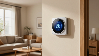 Digital thermostat on a beige wall in a bright living room, displaying 28°