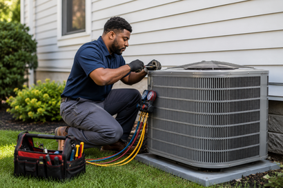 Technician inspecting an outdoor air conditioner unit with tools on the grass beside him