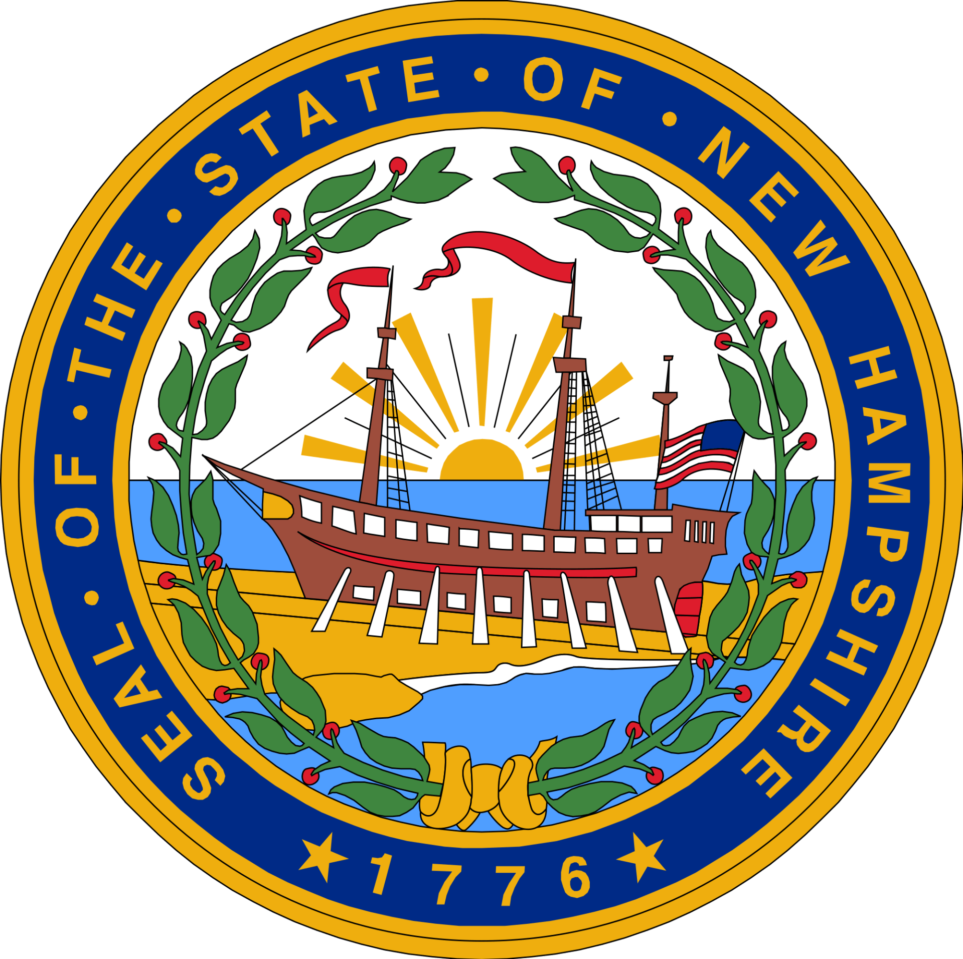 Seal of the State of New Hampshire with a ship, sun, and laurel wreath on a blue and gold border