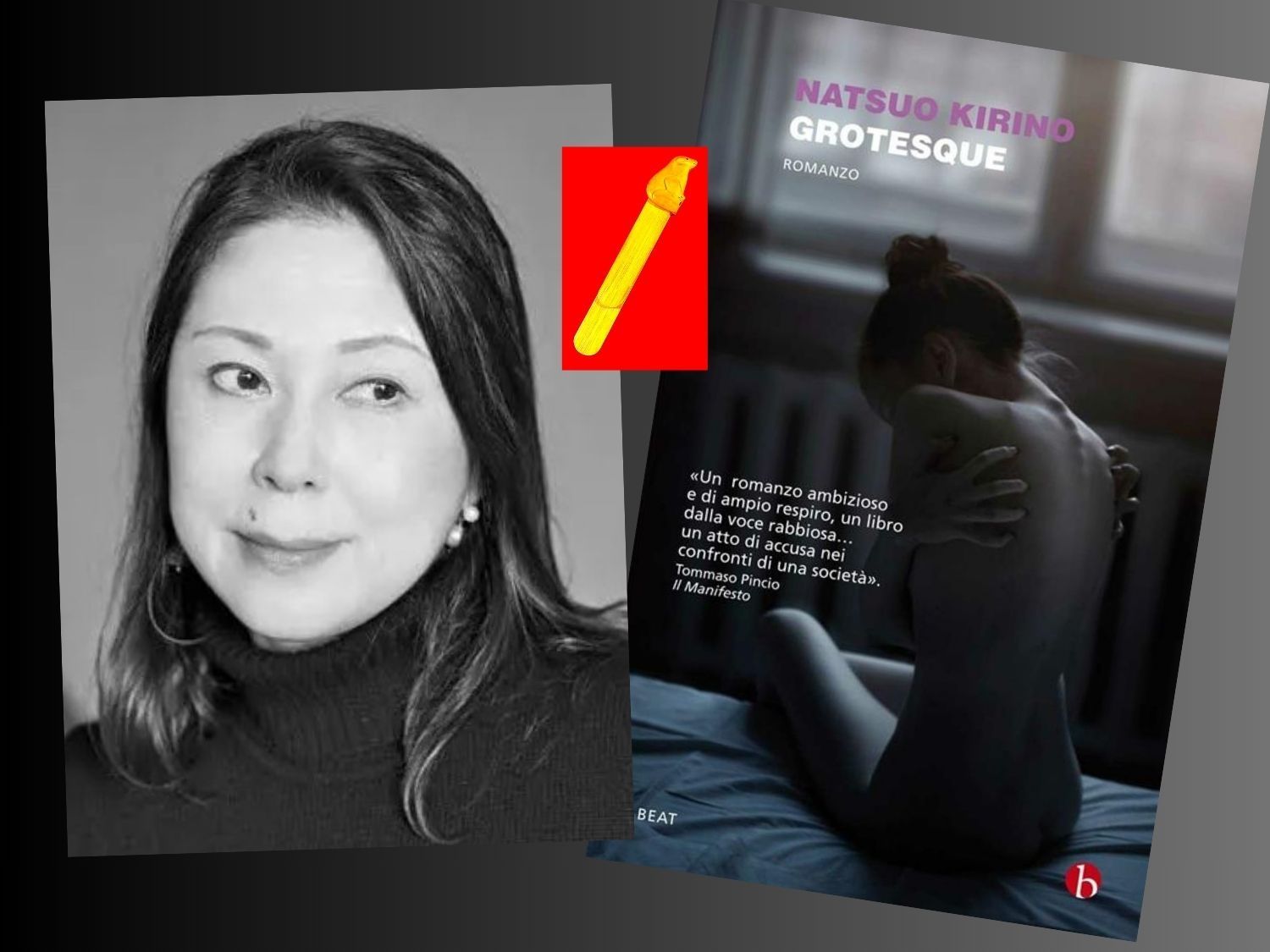 foto scrittrice giapponese Natsuo Kirino e cover romanzo Grotesque