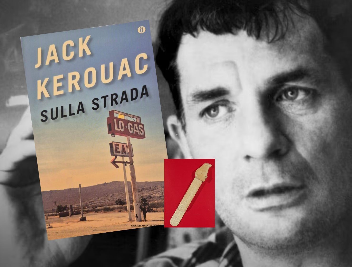 foto jack kerouac in bianconero con sigaretta e copertina libro sulla strada e segnalibro dell’orso