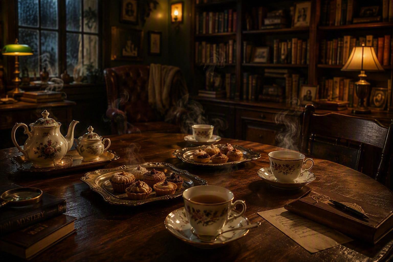 tavolo in legno e tazzine di porcellana tè fumante vassoi pasticcini librerie libri poltrona