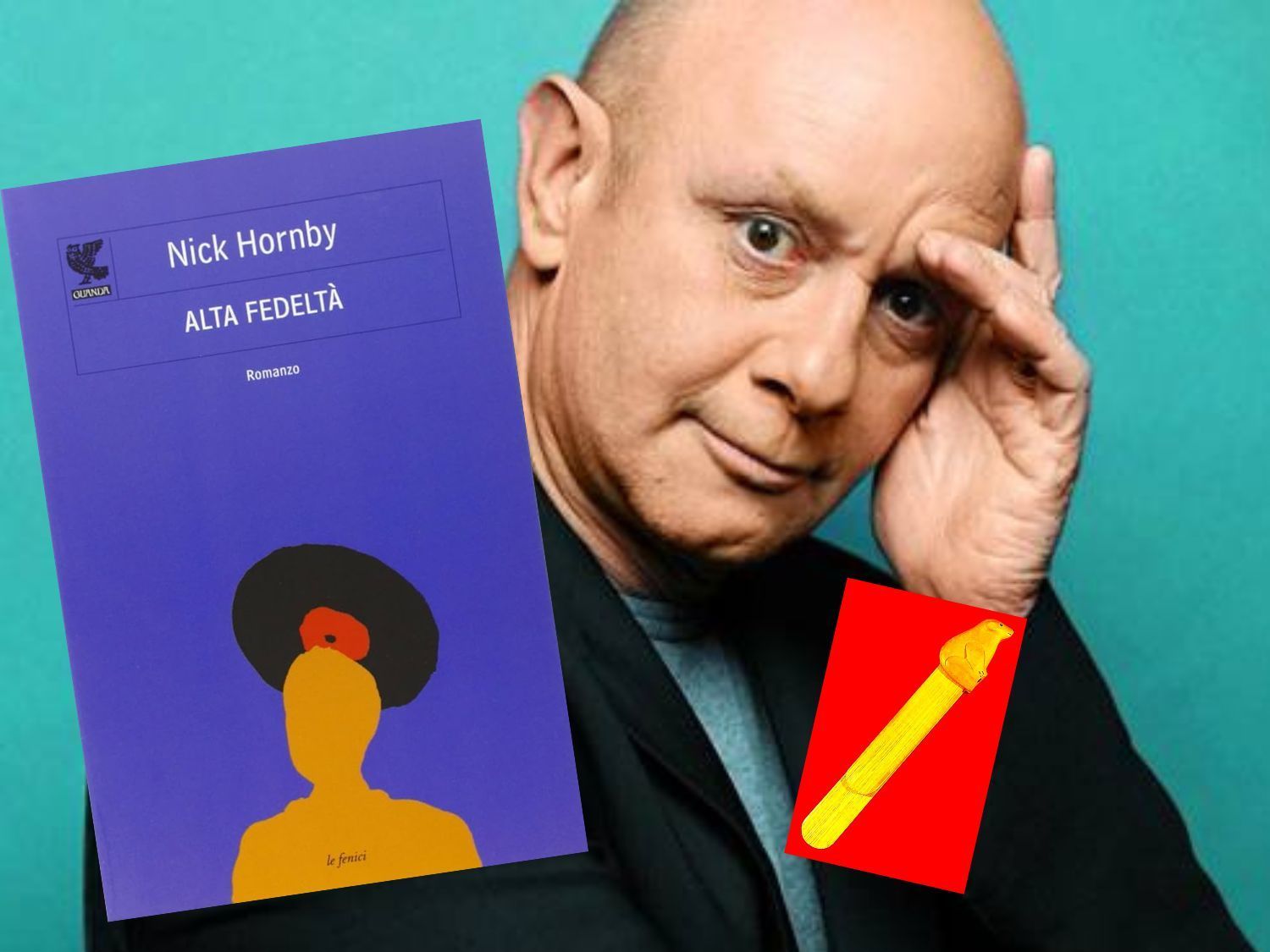 foto ritratto nick hornby e cover romanzo alta fedeltà