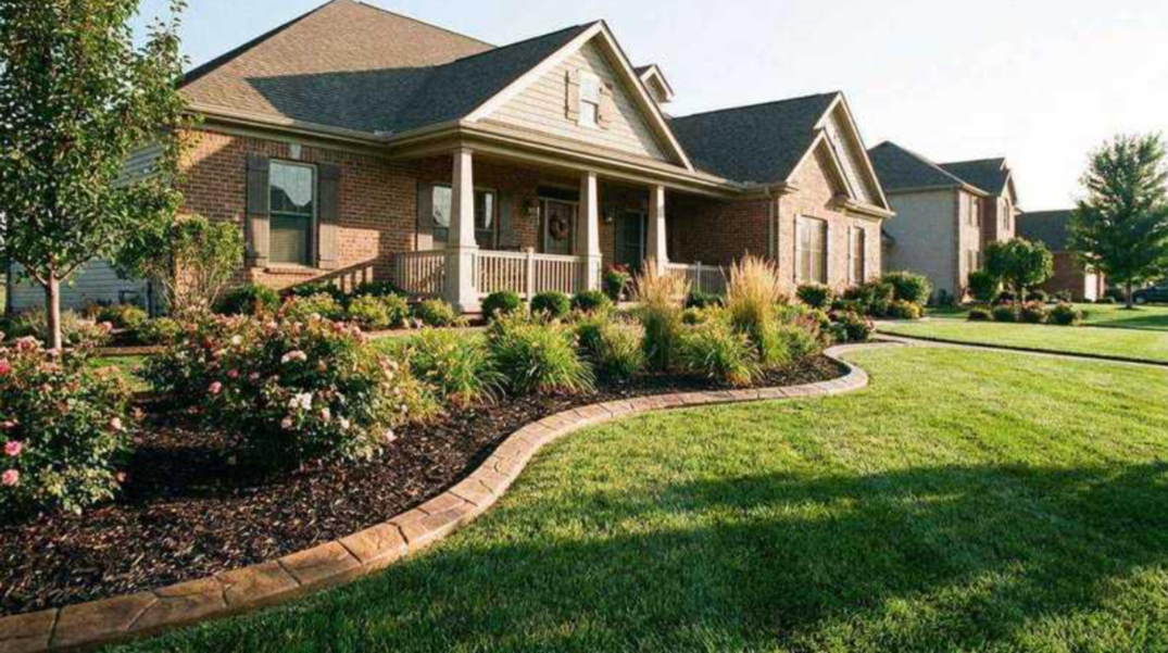 Suburban brick houses with landscaped front yards along a curved green lawn