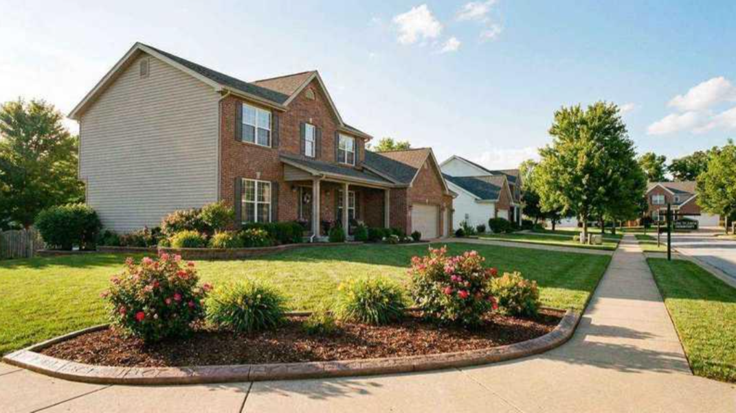 Suburban brick house with a manicured lawn, flower beds, and a sidewalk in bright daylight