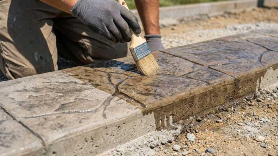Worker brushes wet concrete onto a stamped stone walkway edge