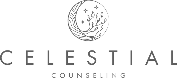 Logo for Celestial Counseling: crescent moon with stars and plant, text below reads 