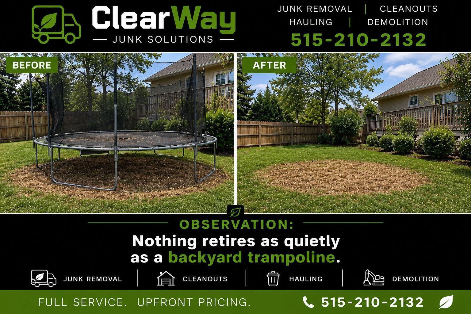Before-and-after backyard trampoline removal, showing cleared grass in a fenced yard.