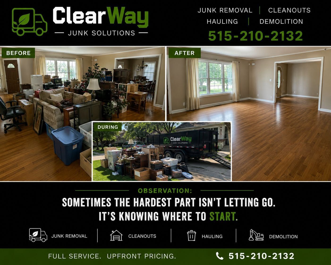 ClearWay Junk Clearing ad showing cluttered rooms before and clean hardwood floors after a cleanout.