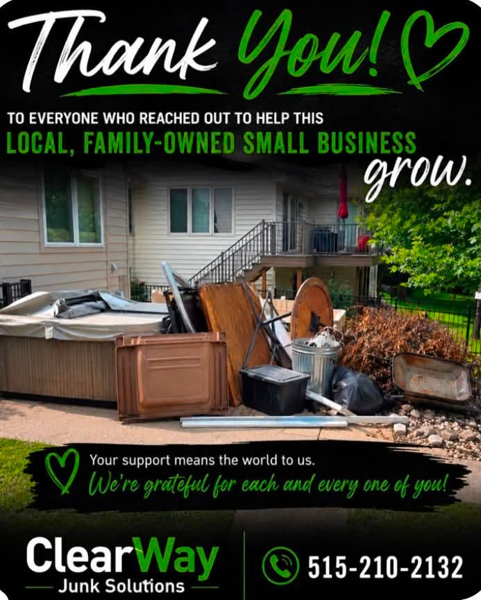 Thank you ad for ClearWay Junk Solutions, showing a cluttered yard cleanup and local family-owned business message