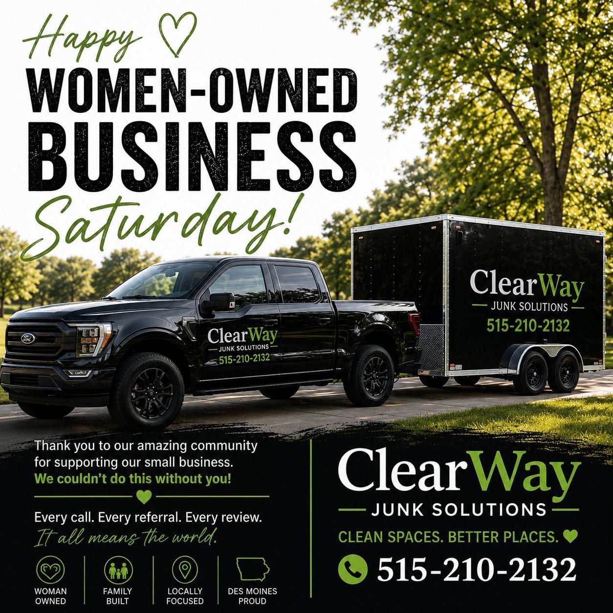 ClearWay Junk Solutions truck and trailer with “Women-Owned Business Saturday” promotion on white and green graphic backdrop