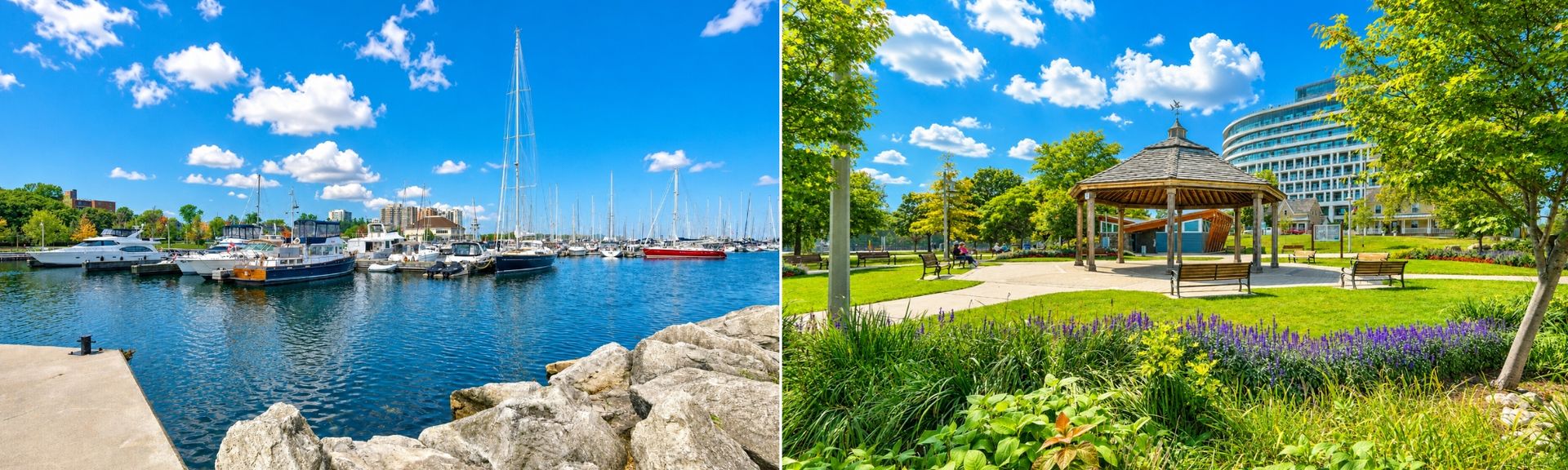 Exterior photo showcasing the boats, water, and nature at Bronte Harbour.