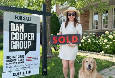 A group of three photos showcasing our sold signs with clients and agents.