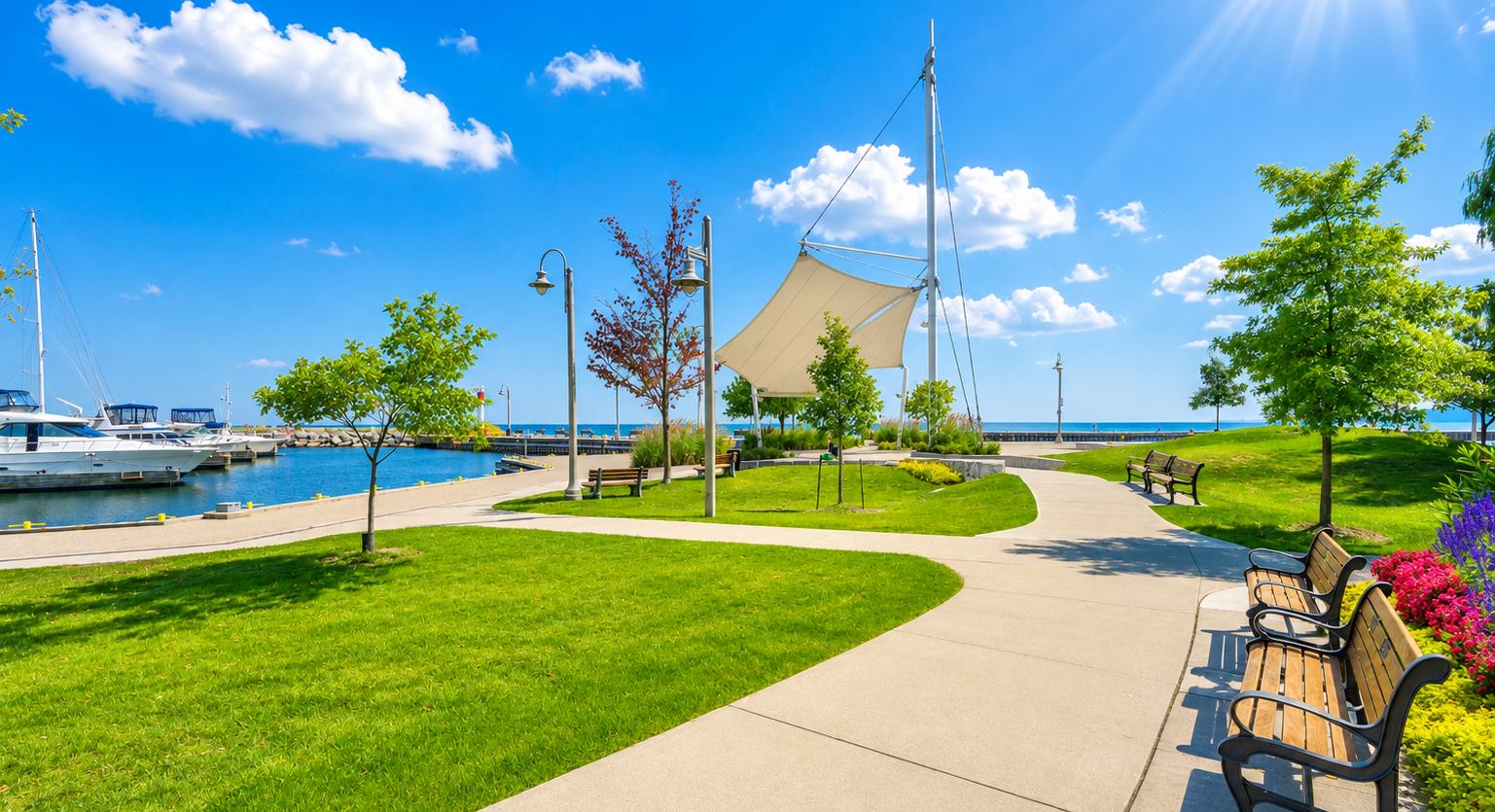 An outdoor photo of Bronte Harbour showcasing the water, rocks, boats and blue sky.